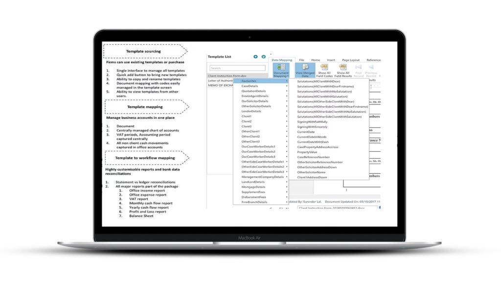 Screenshot of SpineLegal Software interface showcasing template and data mapping features on a laptop.