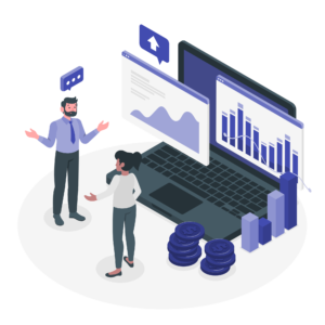 Business professionals analyzing legal software data on laptop - SpineLegal solutions.