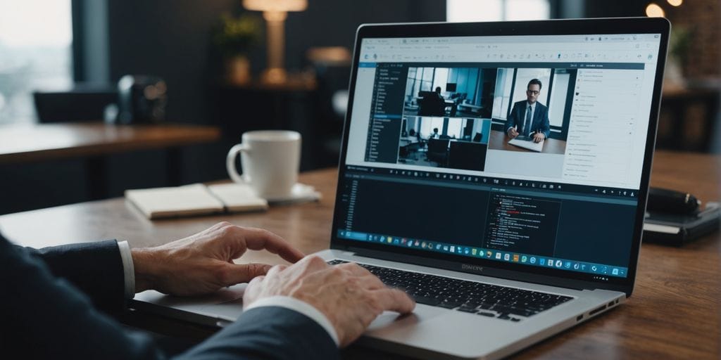 Businessman using SpineLegal Software on laptop for legal case management in modern office.
