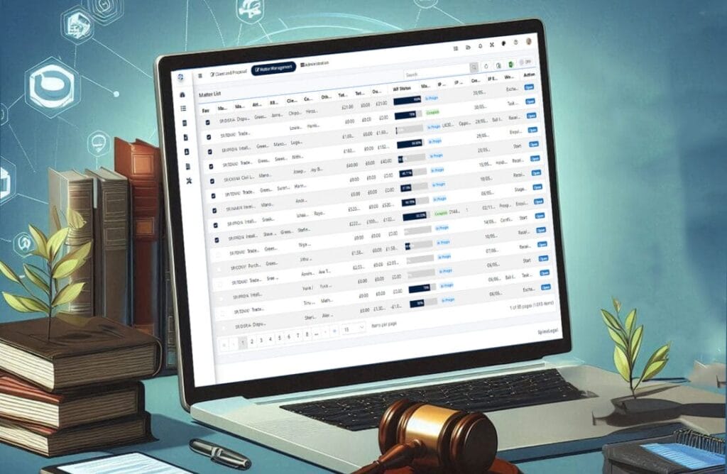 Laptop displaying SpineLegal Software interface for efficient legal management.