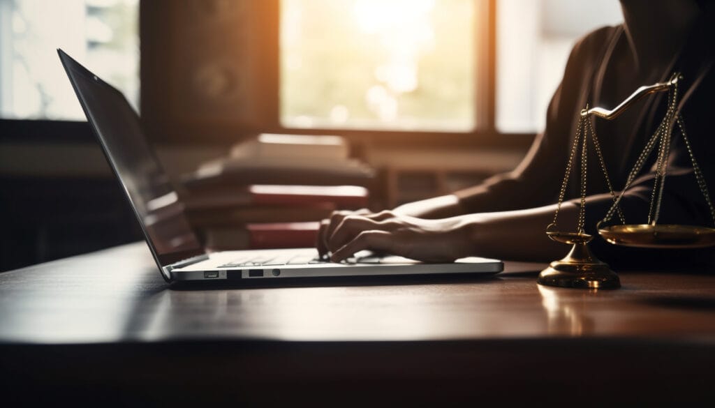User working on a laptop with legal scales, showcasing SpineLegal Software for efficient law practice management.