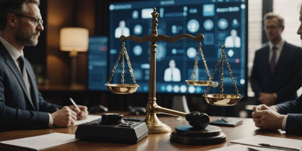 Legal professionals using SpineLegal's consultant legal software with scales of justice in modern office.