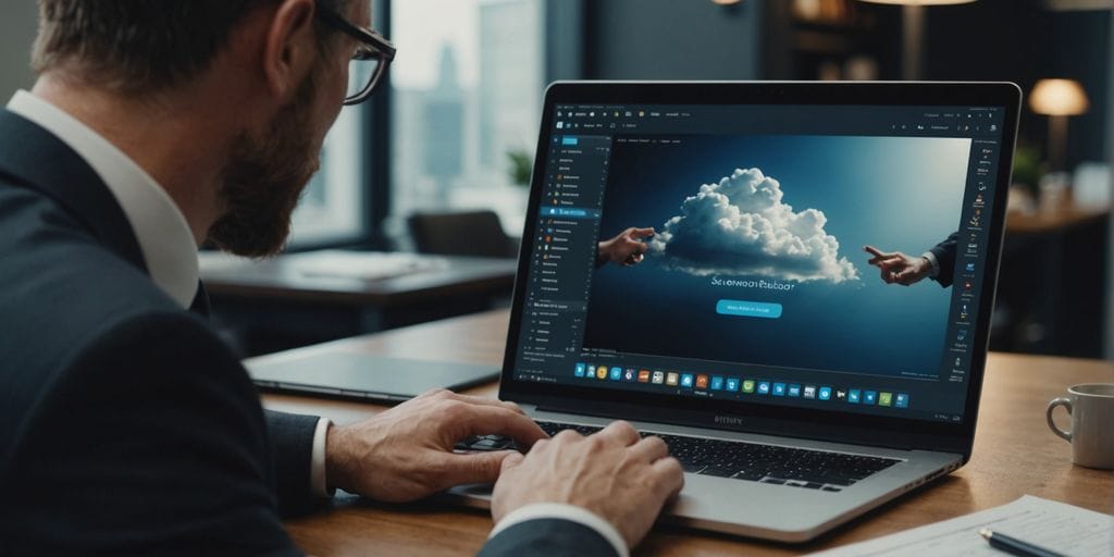 Lawyer using SpineLegal Software on laptop for cloud-based legal management efficiency.
