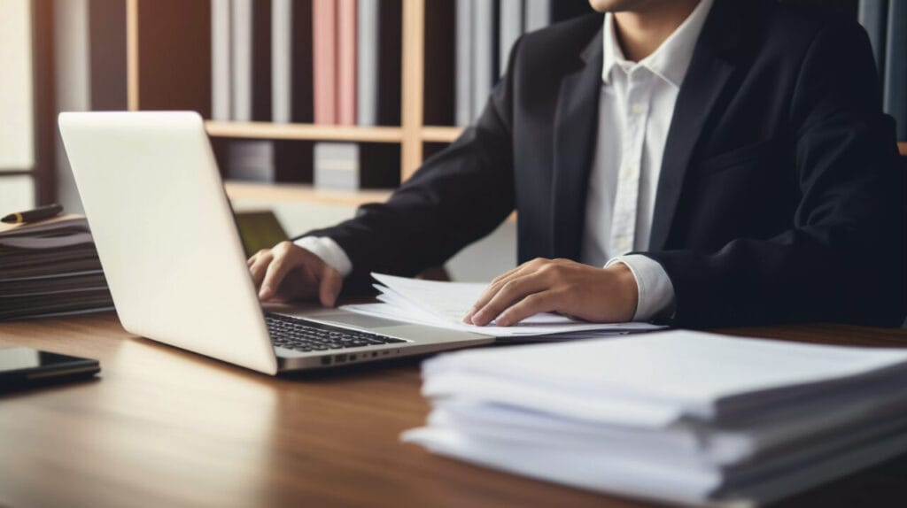 Lawyer using SpineLegal Software on laptop for efficient document management in office setting.