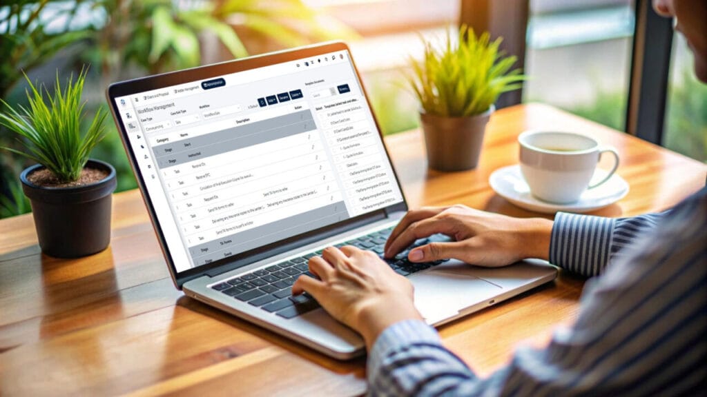 Person using SpineLegal Software on a laptop at a wooden desk with plants and coffee nearby.