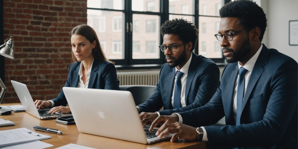 Legal professionals using SpineLegal Software for efficient case management in a modern office setting.