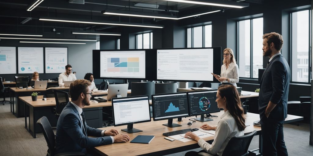 Modern office using SpineLegal Software for data management and collaboration on multiple screens.
