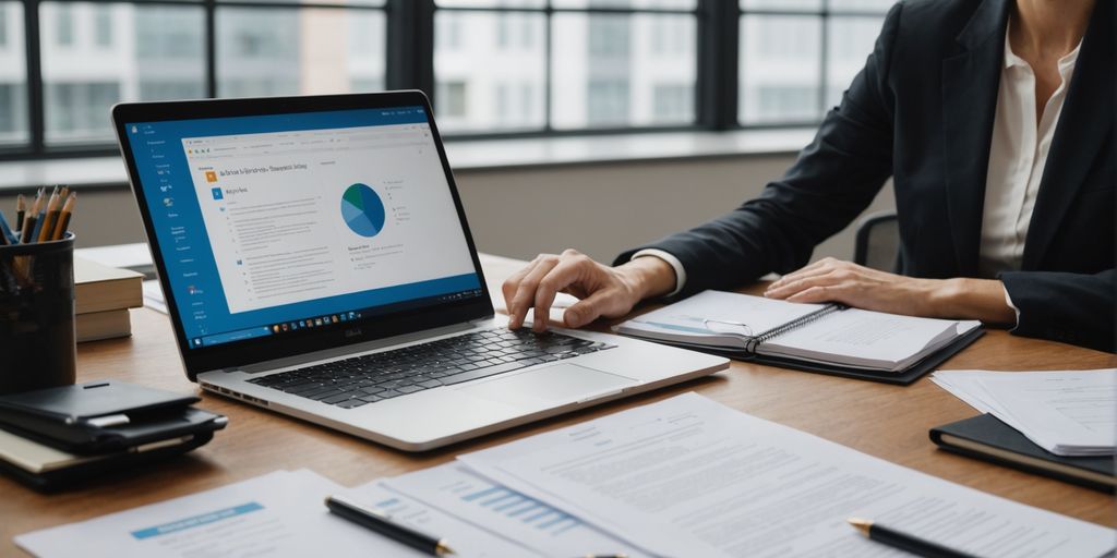 Business professional using SpineLegal Software on a laptop, enhancing legal document management and productivity.