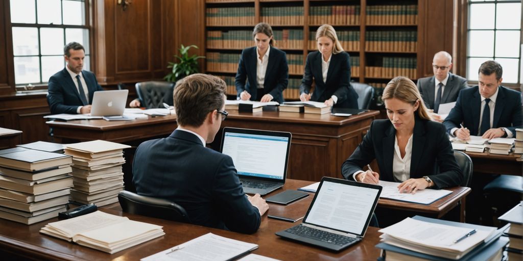Legal professionals using SpineLegal Software for seamless workflow in a law library setting.
