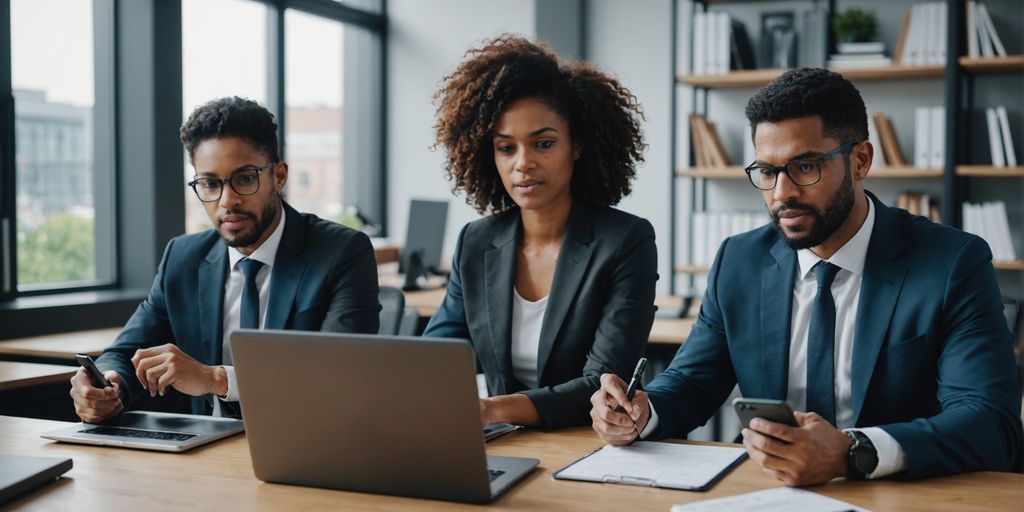 Three professionals using SpineLegal Software in modern office.