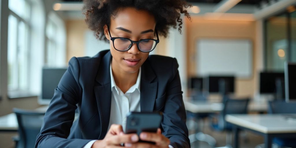 Professional using SpineLegal Software on smartphone in modern office setting