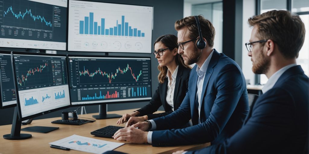 Professionals using SpineLegal Software on multi-monitor setup for data analysis and legal management solutions.