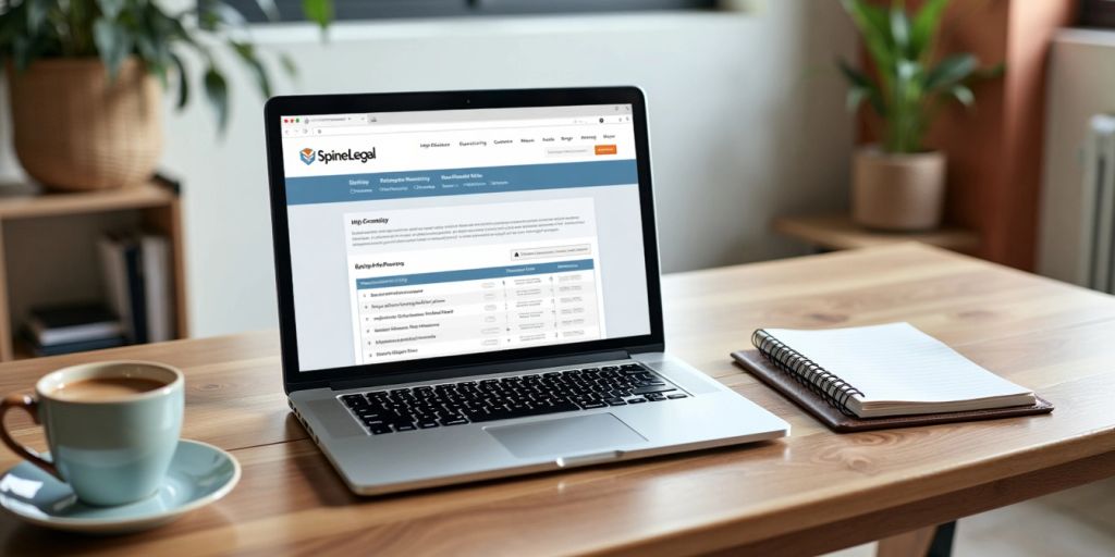 Laptop displaying SpineLegal Software dashboard on a desk with a notebook and coffee, ideal for legal professionals.