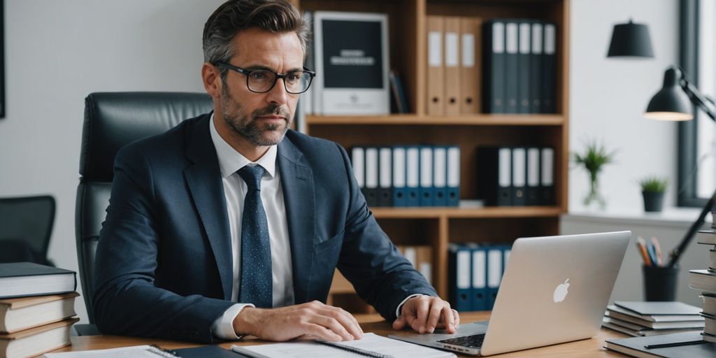 Legal professional using SpineLegal Software for efficient case management at the office desk.