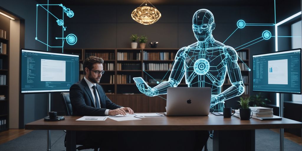 Business professional using SpineLegal Software with a virtual assistant in a modern office setting.