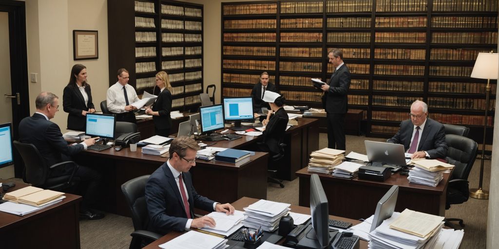 Legal team efficiently managing cases with SpineLegal Software in a busy office.