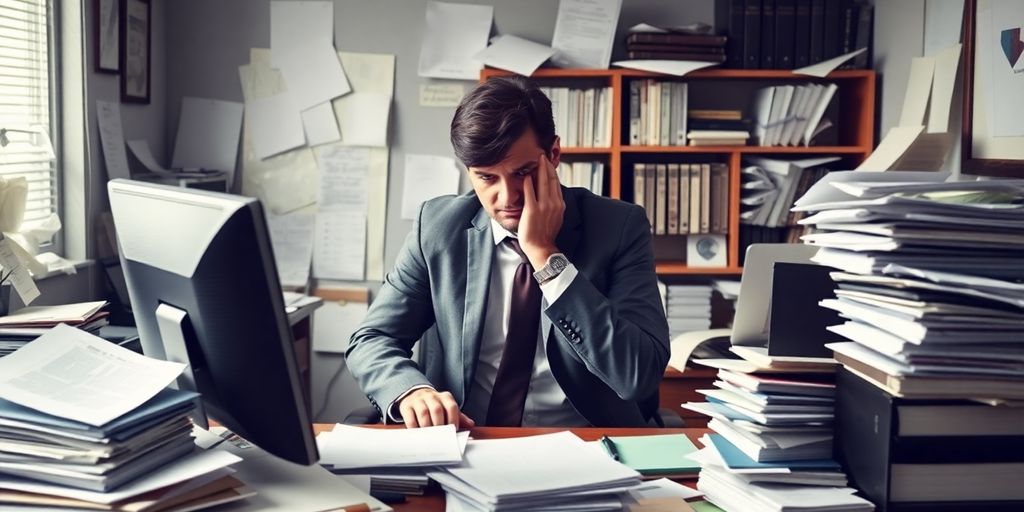 Busy lawyer overwhelmed with paperwork; increase efficiency with SpineLegal Software for legal practice management.