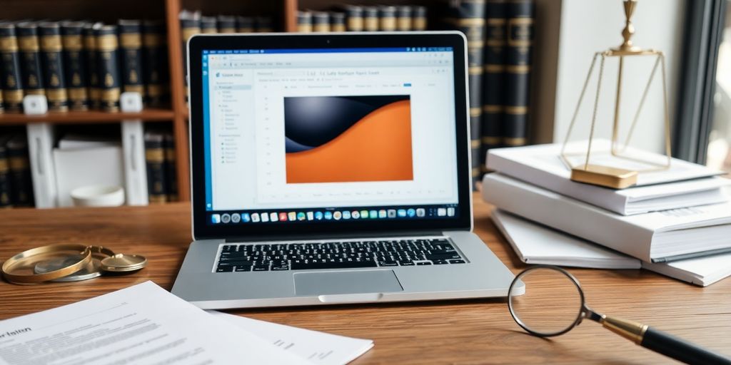 Modern law office desk featuring SpineLegal Software on a laptop for efficient legal practice management.