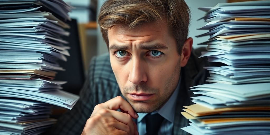 Man overwhelmed by paperwork, illustrating the need for SpineLegal Software to streamline legal document management.