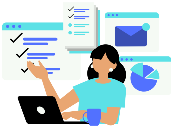 Illustration of a person managing tasks with SpineLegal Software, featuring checklists, emails, and data charts.