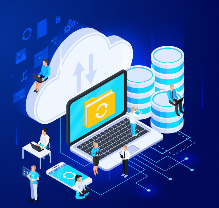 Illustration of cloud-based legal management using SpineLegal Software with digital workflow and data storage.