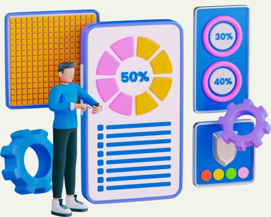 3D illustration of data analytics and dashboards related to SpineLegal Software efficiency and performance.