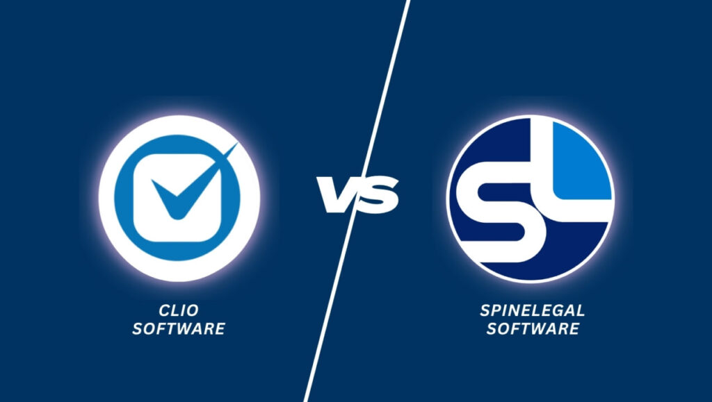 SpineLegal Software vs Clio Software comparison graphic on dark blue background.