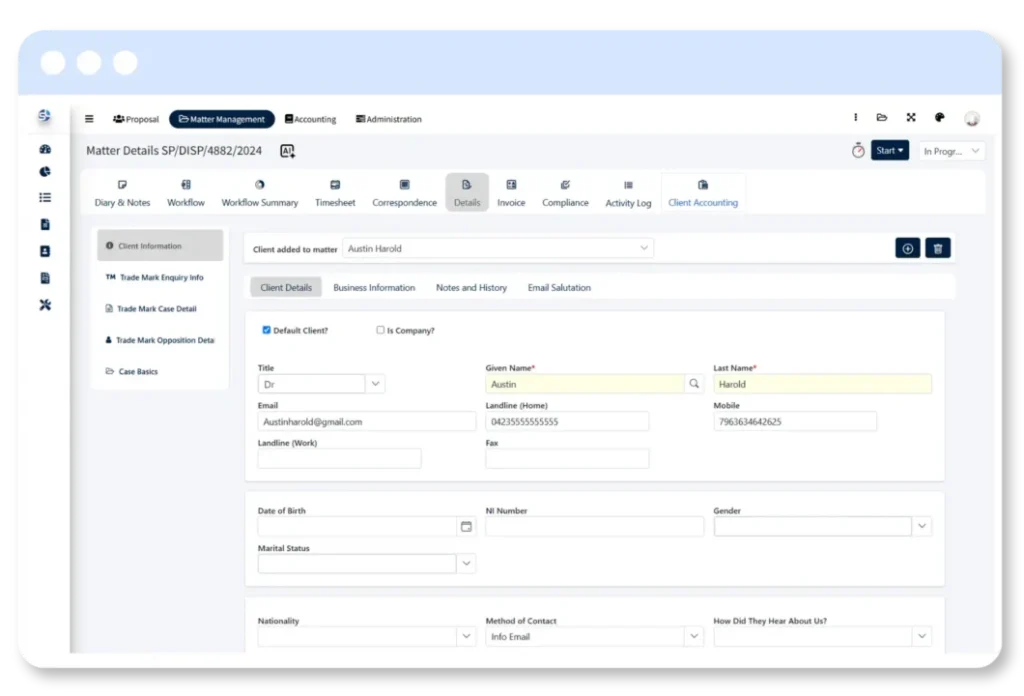 SpineLegal Software interface displaying client management and matter details for effective legal practice.