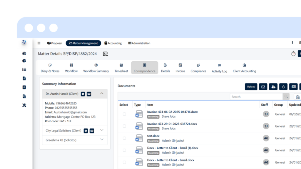 SpineLegal Software interface displaying matter management and document tracking features.