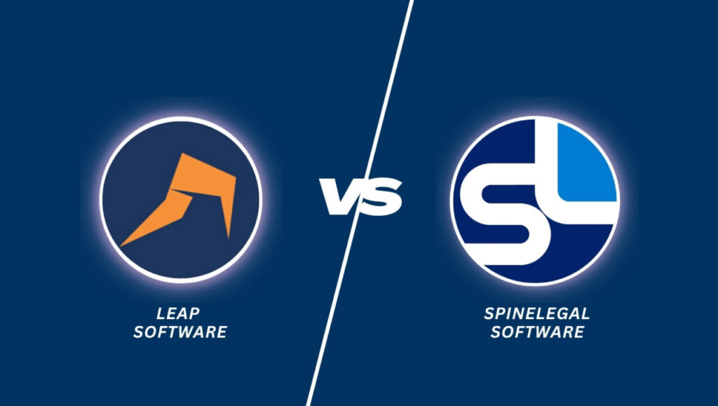 Comparison of SpineLegal Software and Leap Software logos on a blue background.