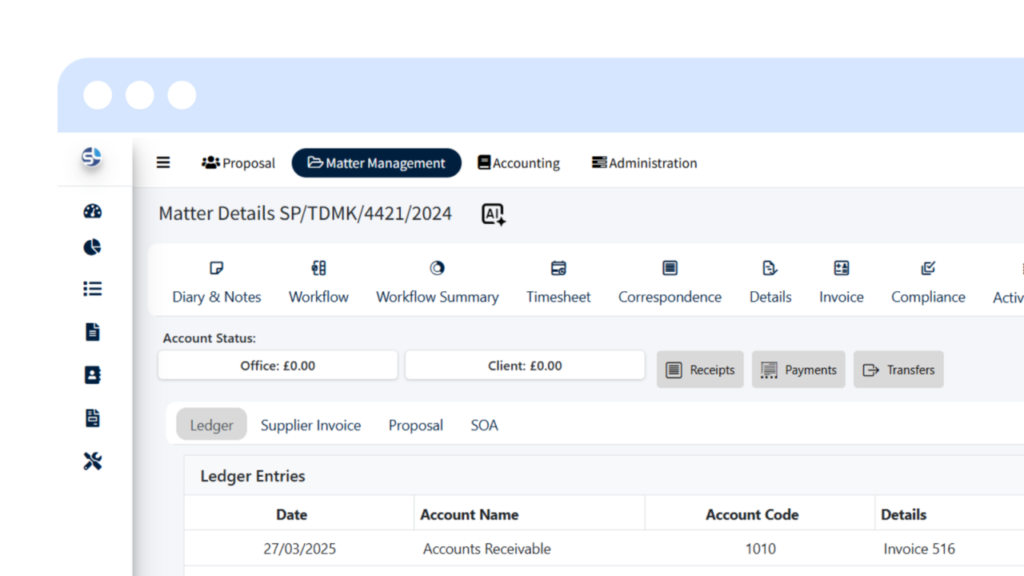 SpineLegal Software interface showcasing matter management and accounting features for legal professionals.