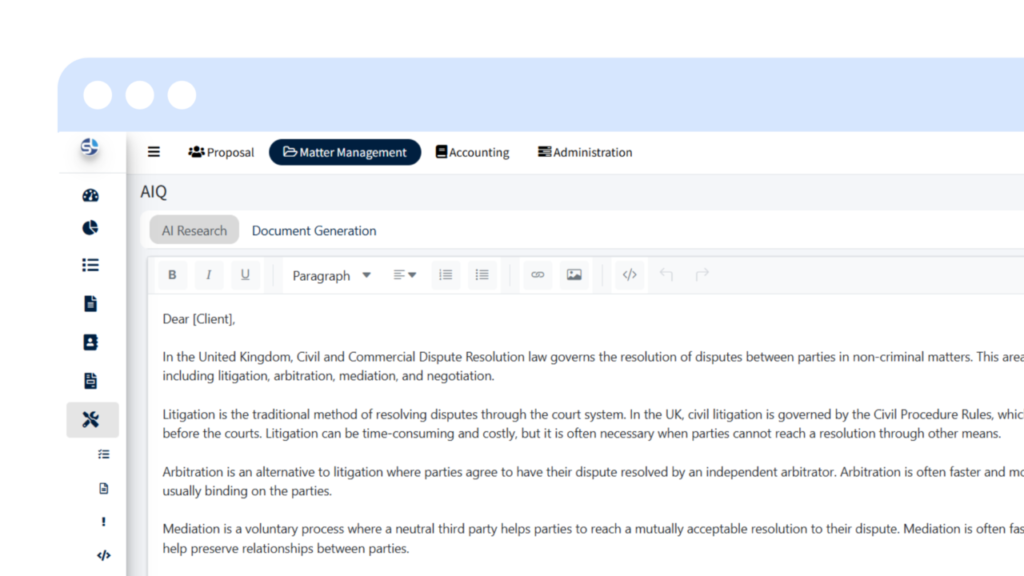 Screenshot of SpineLegal Software's document generation feature for legal dispute resolution in the UK.