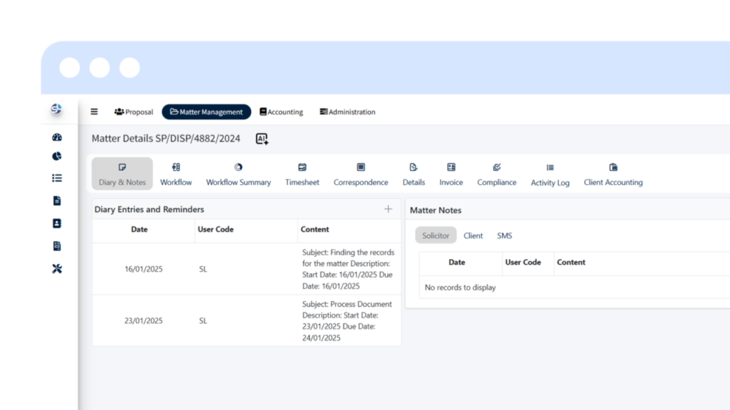 SpineLegal Software interface showing matter management features for efficient legal task organization and tracking.