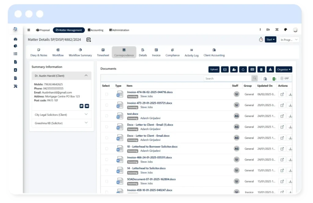 SpineLegal Software interface displaying document management and client information for efficient legal practice.