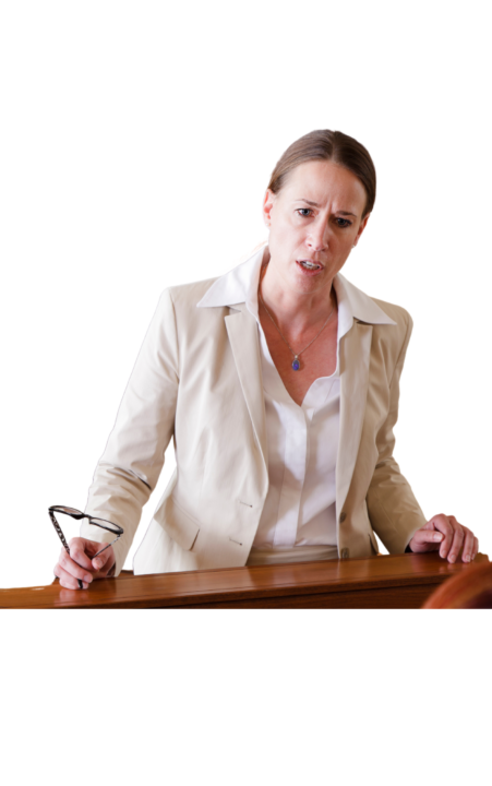Lawyer passionately presenting a case in court; enhance efficiency with SpineLegal civil litigation software.