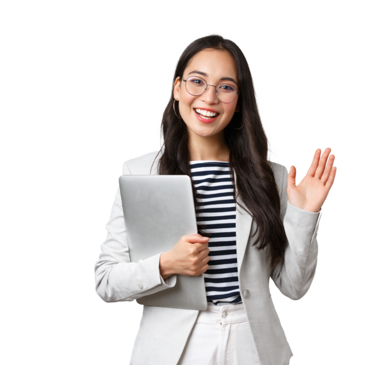 Smiling professional with laptop, representing SpineLegal Software's efficient legal solutions.