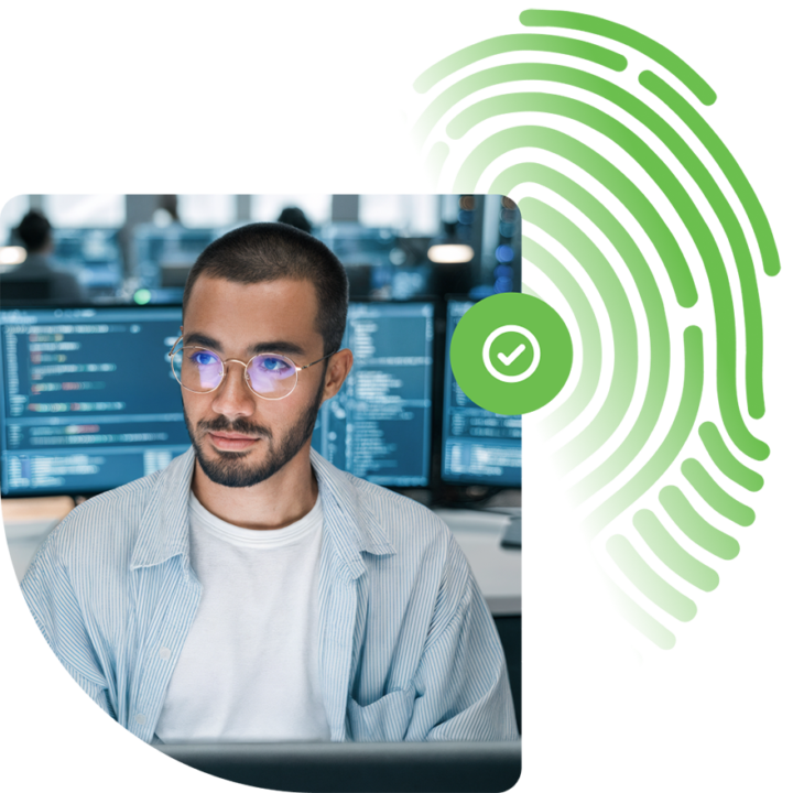 Developer using SpineLegal Software; secure data management with a fingerprint icon.