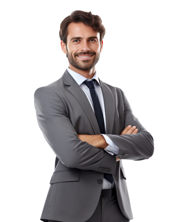 Man in suit smiling confidently, representing professional services with SpineLegal software.