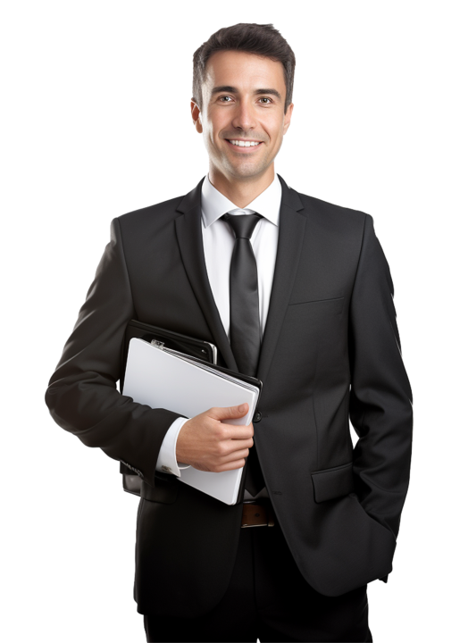 Professional man in suit holding a tablet, representing efficiency with SpineLegal legal management software.