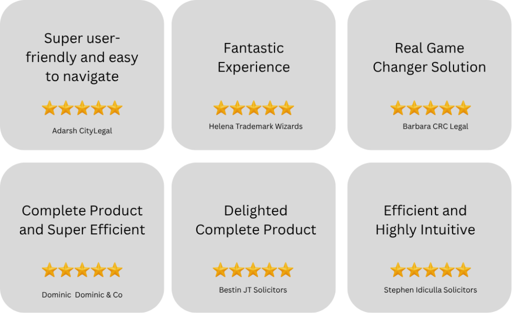 Customer reviews praising SpineLegal Software's user-friendly, efficient, and intuitive solutions with 5-star ratings.