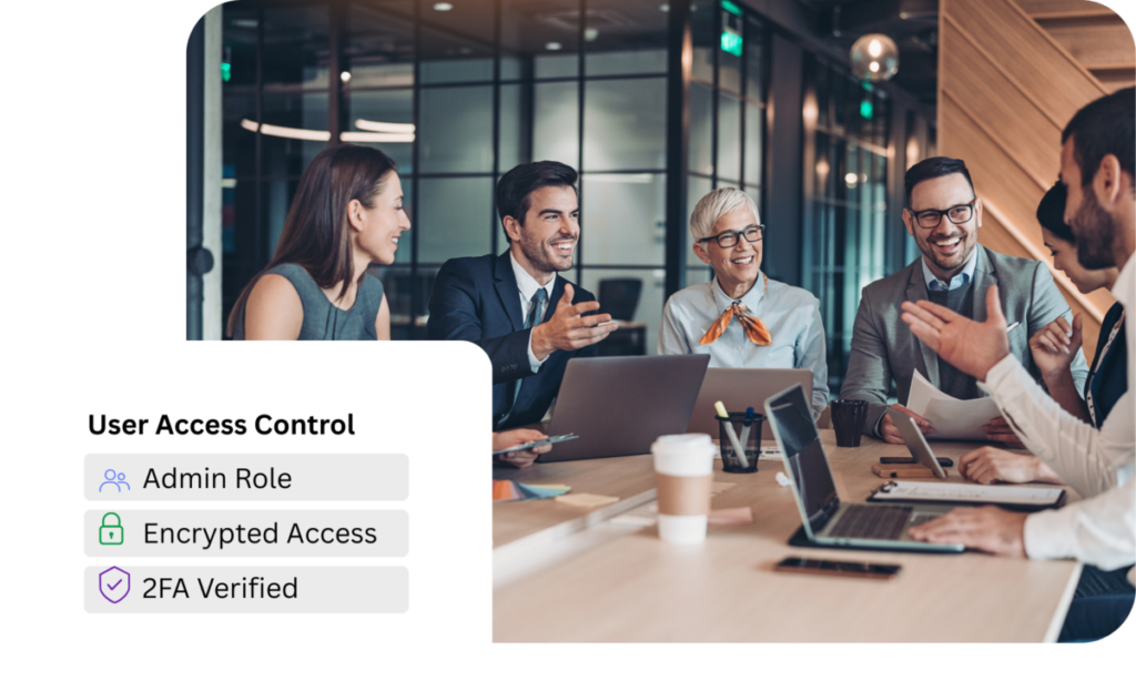 Business team discussing SpineLegal Software with user access control features displayed.