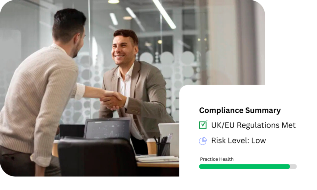 Business meeting showcasing SpineLegal Software's compliance with UK/EU regulations and low risk level.