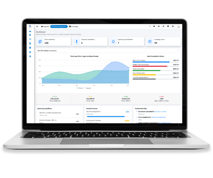 Laptop displaying SpineLegal Software dashboard for efficient legal management.