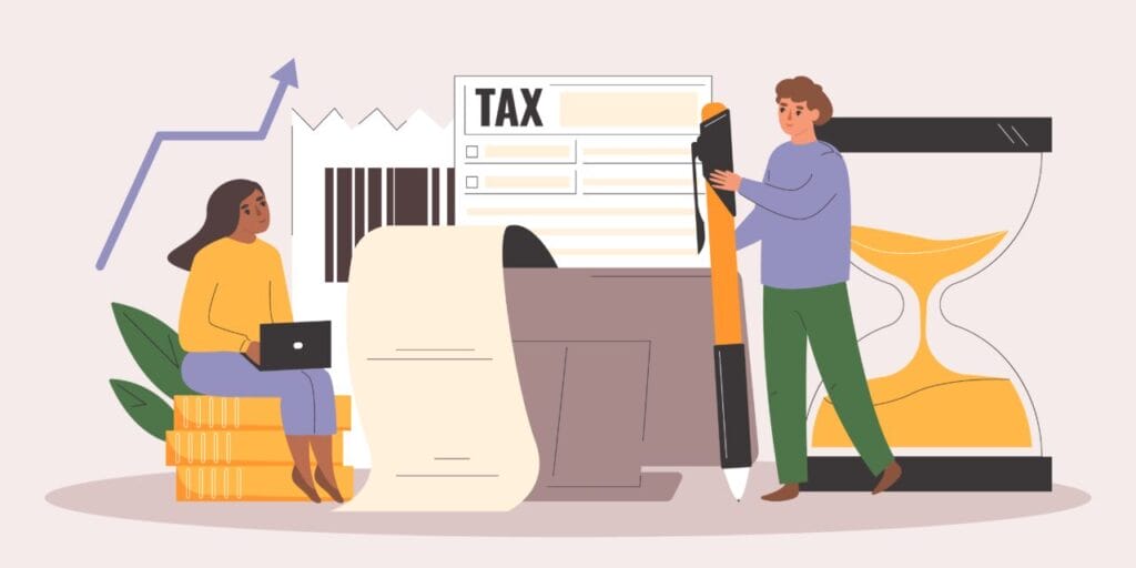 Illustration of legal professionals utilizing SpineLegal Software for efficient document and tax management.