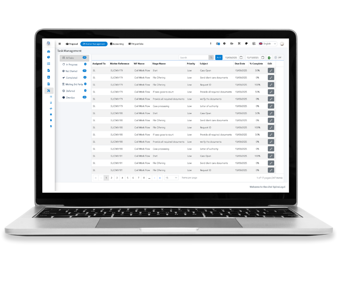 Laptop displaying SpineLegal Software's task management interface for legal workflow efficiency.