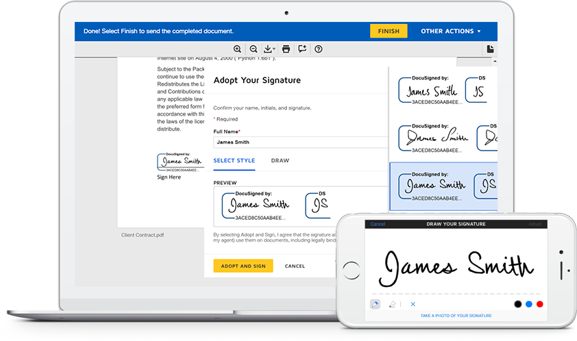 SpineLegal Software interface showcasing digital signature adoption on laptop and mobile for seamless document management.