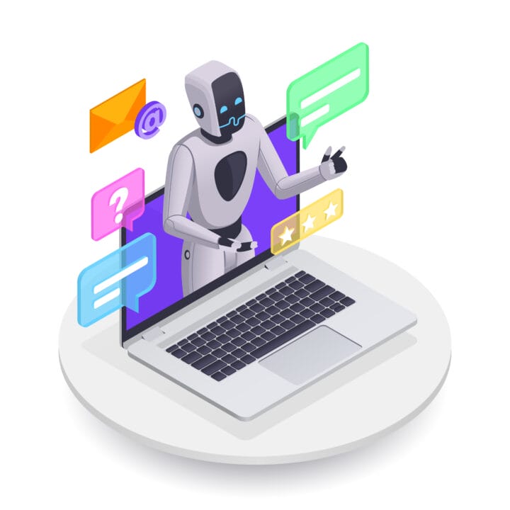 AI-powered legal tech illustration for SpineLegal Software, featuring a robot assisting with digital communication.