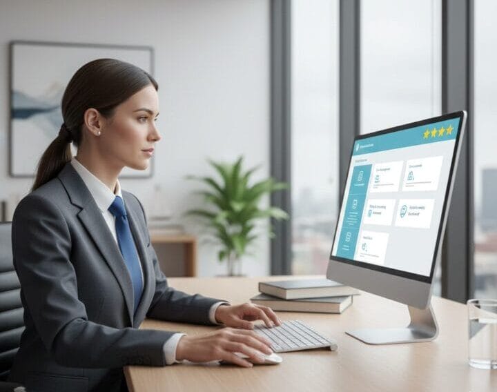 Professional using SpineLegal software on desktop in modern office setting.