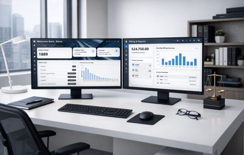 Dual monitors displaying SpineLegal Legal Practice Management Software dashboard for legal case management and billing in modern office.