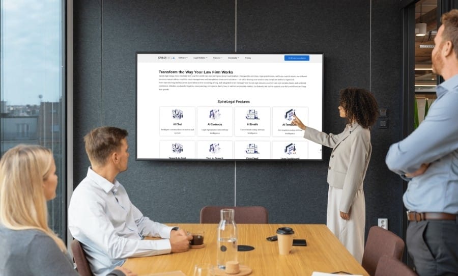 Team presentation on SpineLegal Software features in modern office setting.